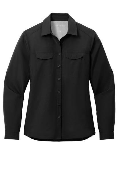 Front View of DeepBlack Port Authority Women's Long Sleeve UV Daybreak Shirt LW960 plain