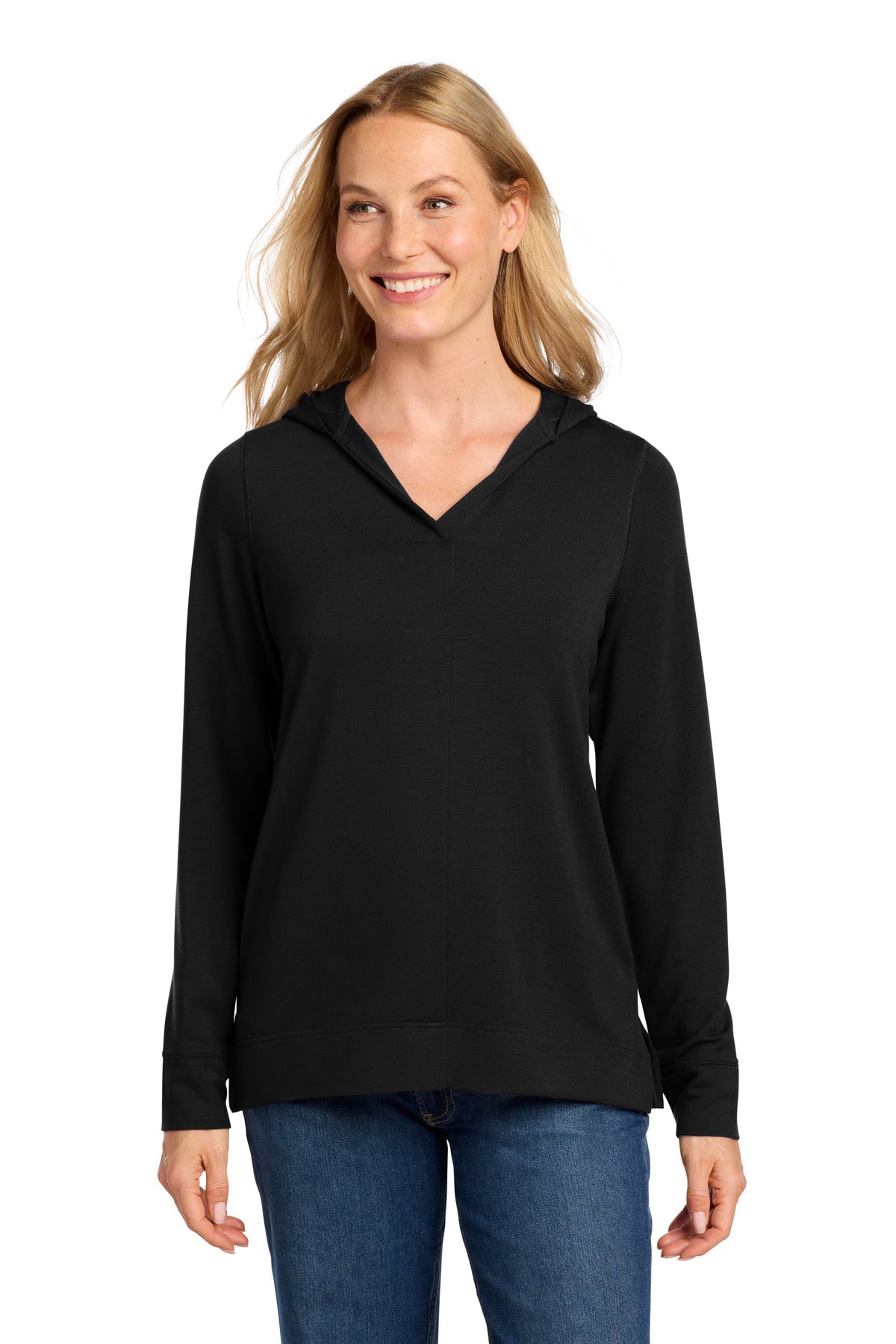 Front View of DeepBlack Port Authority Women's Microterry Pullover Hoodie LK826 plain