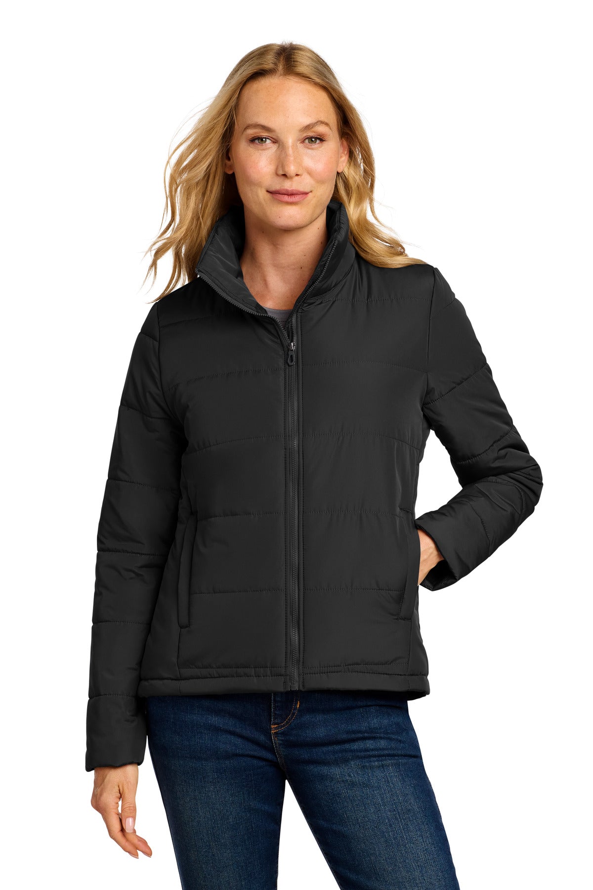 Front View of DeepBlack Port Authority Women's Puffer Jacket L852 plain
