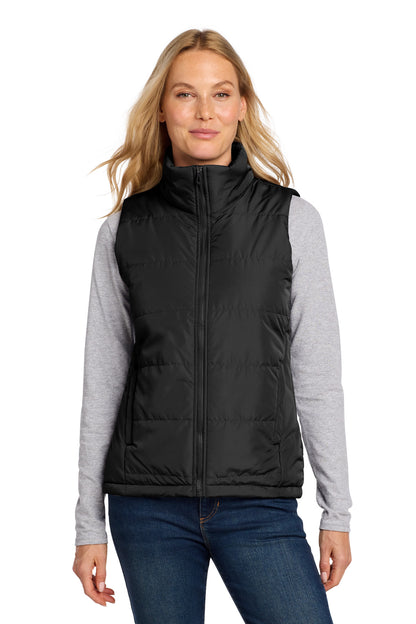 Front View of DeepBlack Port Authority Women's Puffer Vest L853 plain