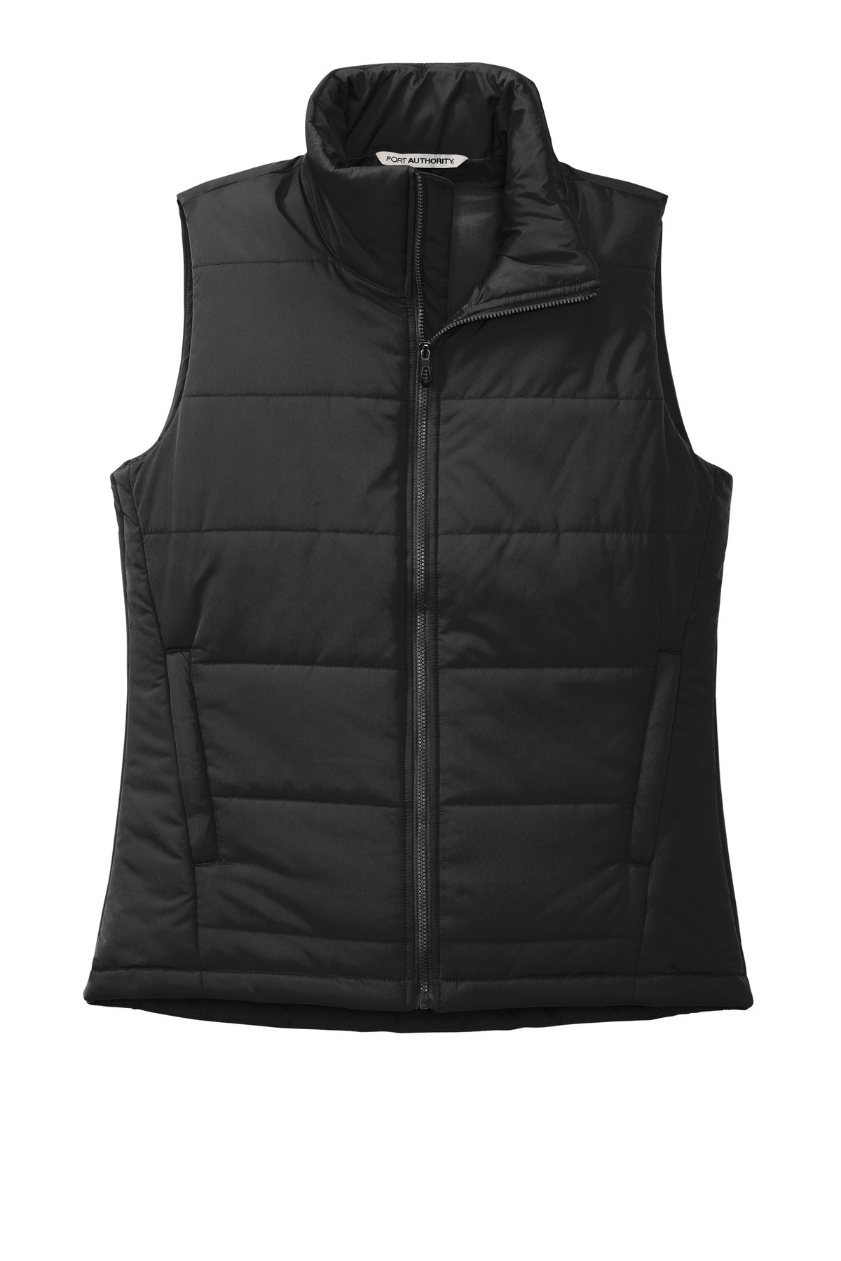 Front View of DeepBlack Port Authority Women's Puffer Vest L853 plain