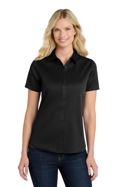 Front View of DeepBlack Port Authority Women's Short Sleeve SuperPro React Twill Shirt. LW809 plain
