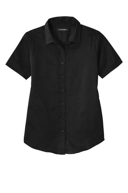 Front View of DeepBlack Port Authority Women's Short Sleeve SuperPro React Twill Shirt. LW809 plain
