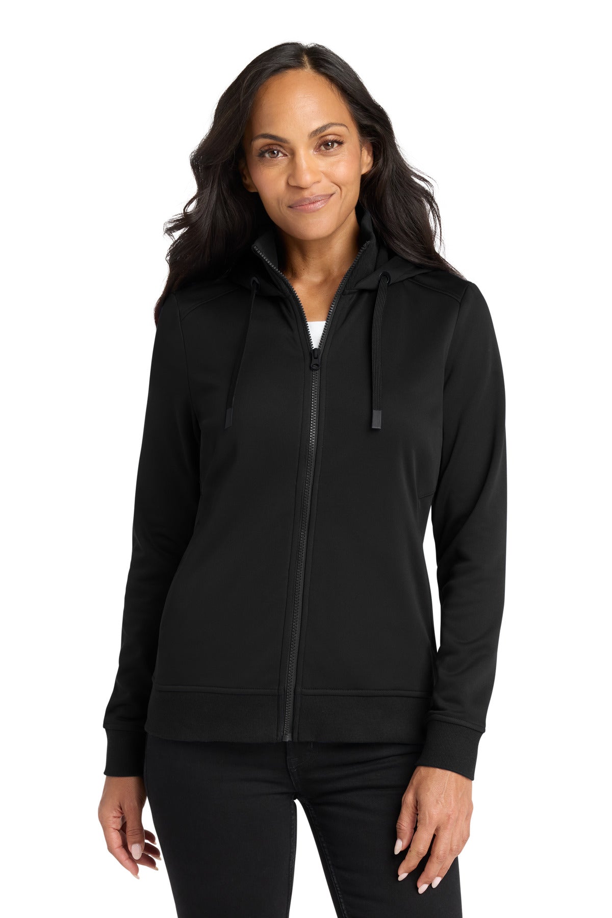 Front View of DeepBlack Port Authority Women's Smooth Fleece Hooded Jacket L814 plain