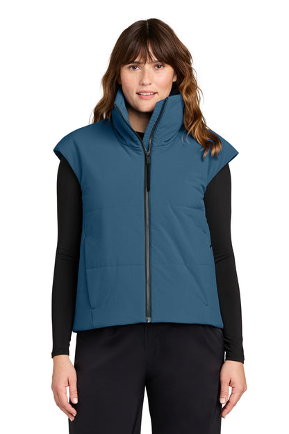 Front View of DeepLake MiiR Women's Sashiko Stretch Puffy Vest MRAW442 plain