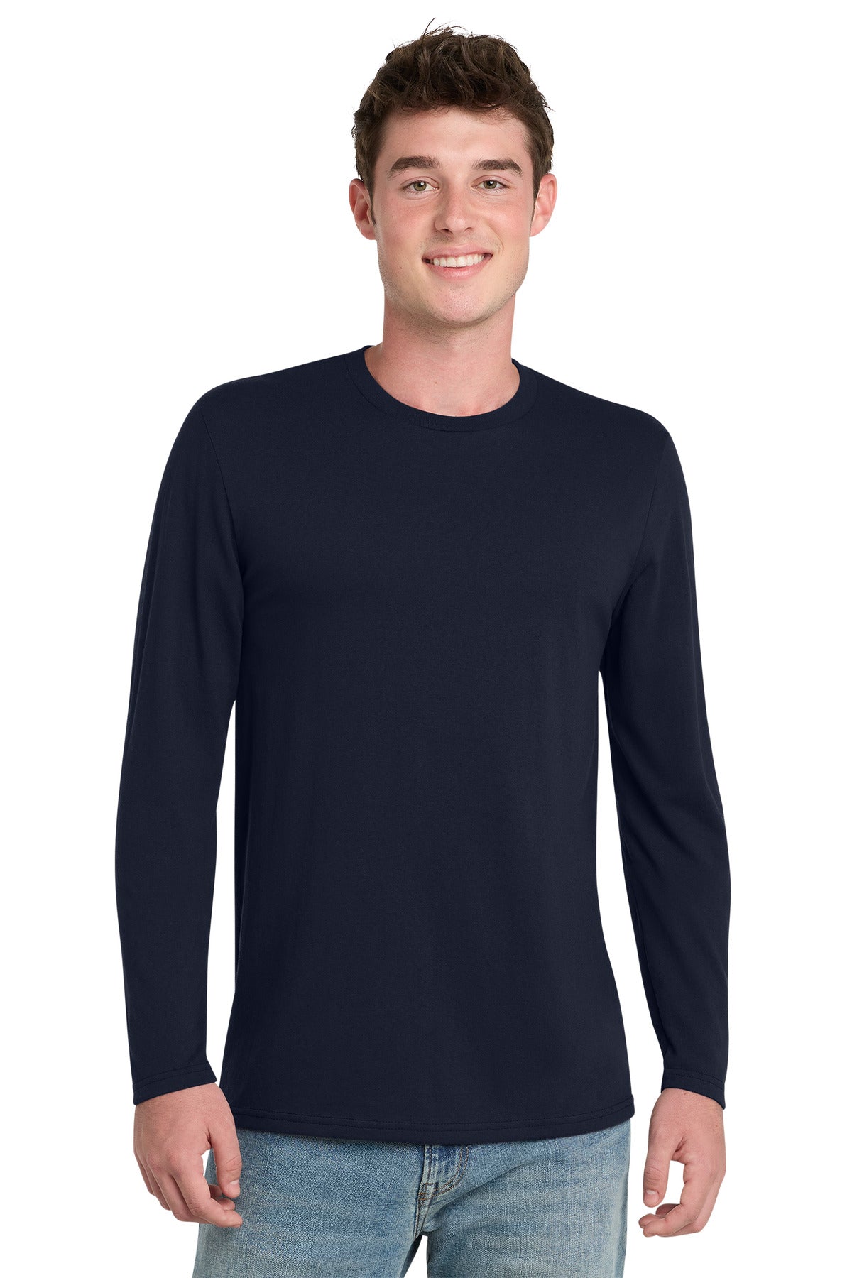 Front View of DeepNavy Port & Co Tri-Blend Long Sleeve Tee. PC330LS plain
