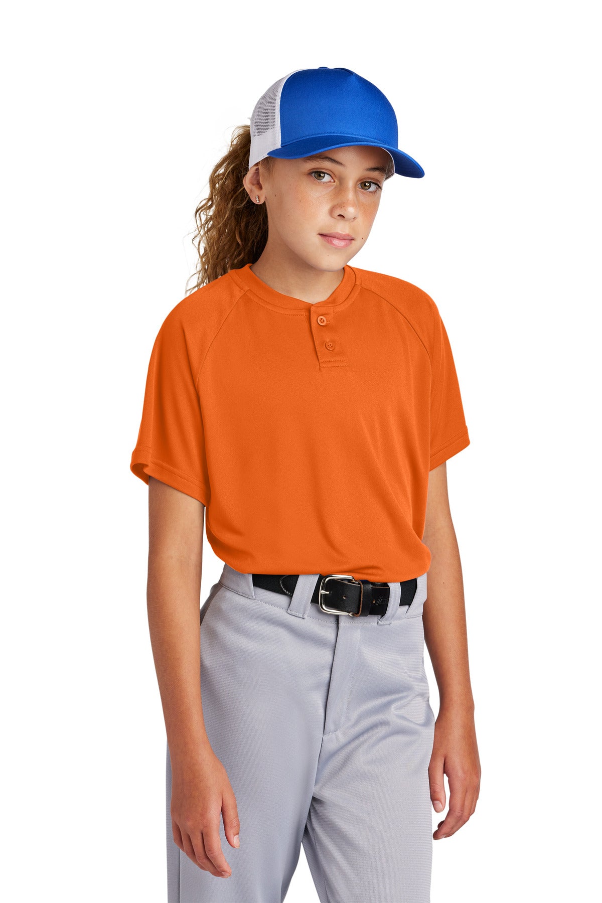 Front View of DeepOrange Sport-Tek Youth PosiCharge Competitor 2-Button Henley YST359 plain