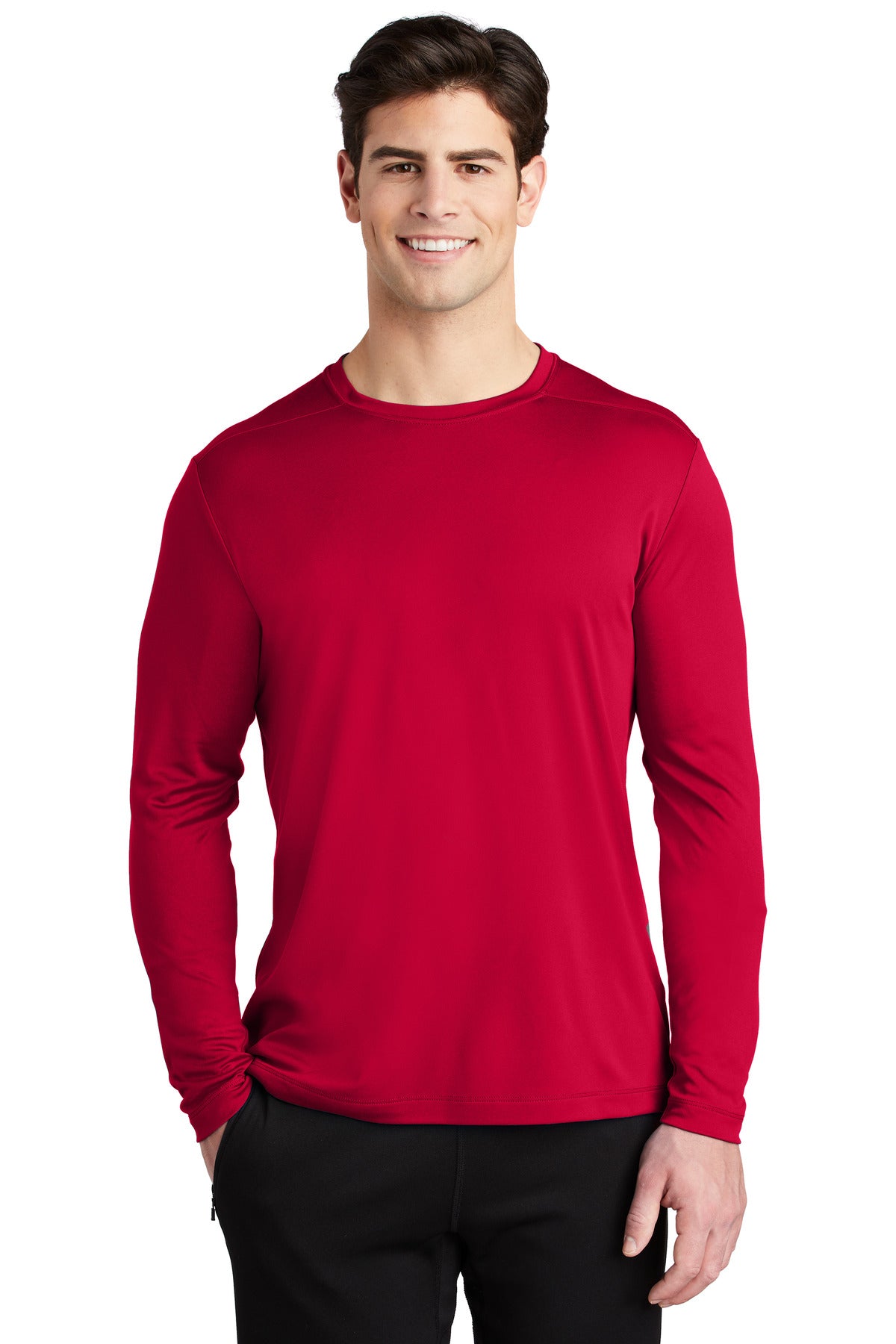 Front View of DeepRed Sport-Tek Posi-UV Pro Long Sleeve Tee. ST420LS plain