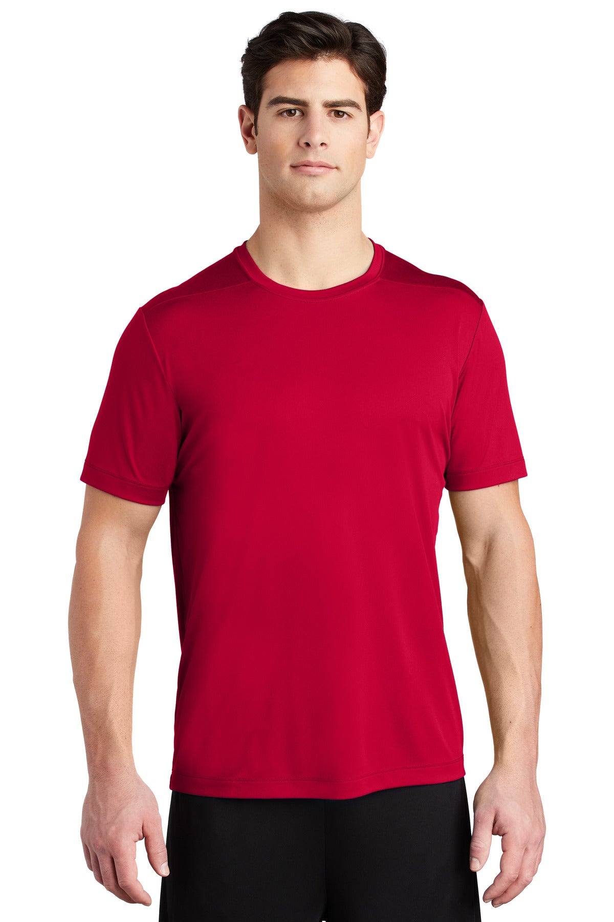 Front View of DeepRed Sport-Tek Posi-UV Pro Tee. ST420 plain