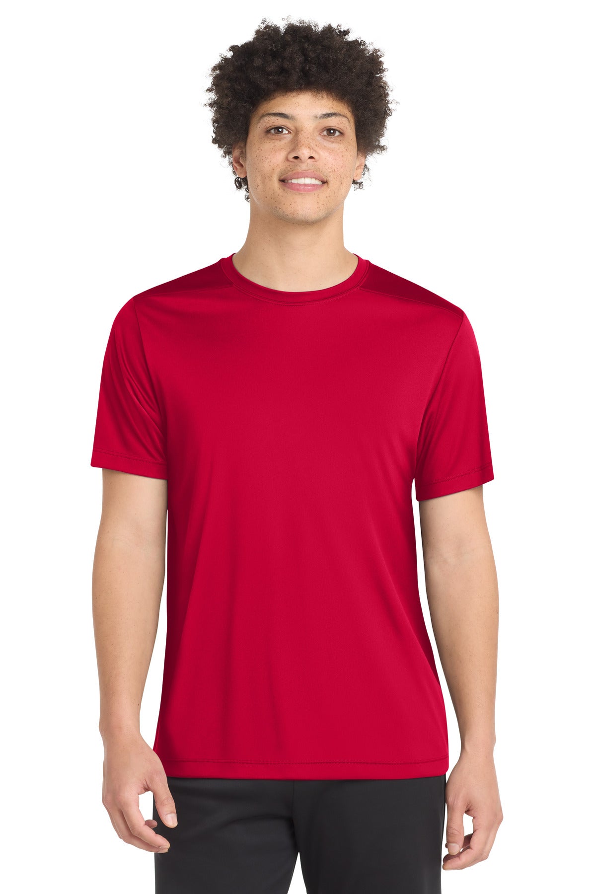 Front View of DeepRed Sport-Tek Posi-UV Pro Tee. ST420 plain