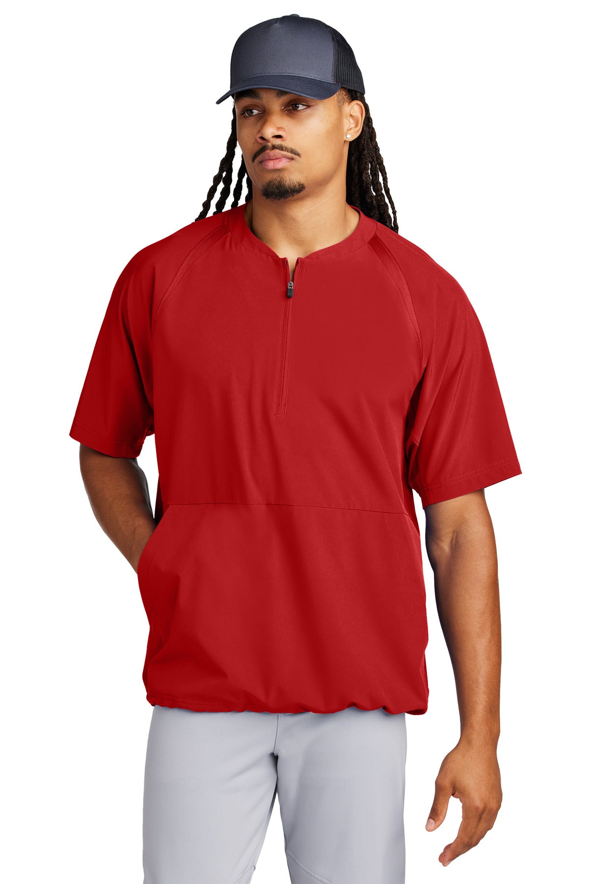 Front View of DeepRed Sport-Tek Repeat 1/2-Zip Short Sleeve Jacket JST489 plain