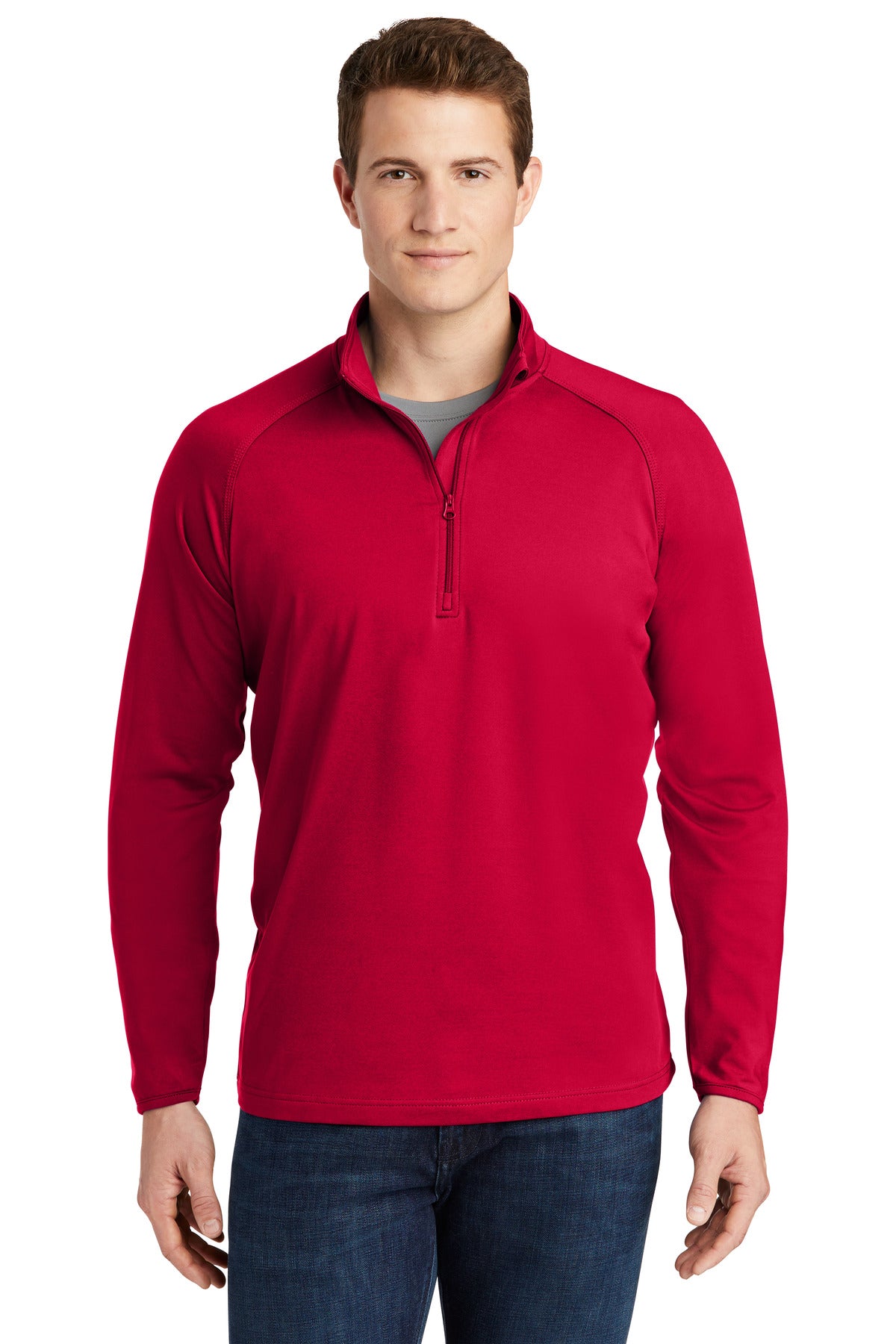 Front View of DeepRed Sport-Tek Sport-Wick Stretch 1/4-Zip Pullover. ST850 plain