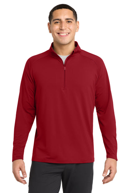 Front View of DeepRed Sport-Tek Sport-Wick Stretch 1/4-Zip Pullover. ST850 plain
