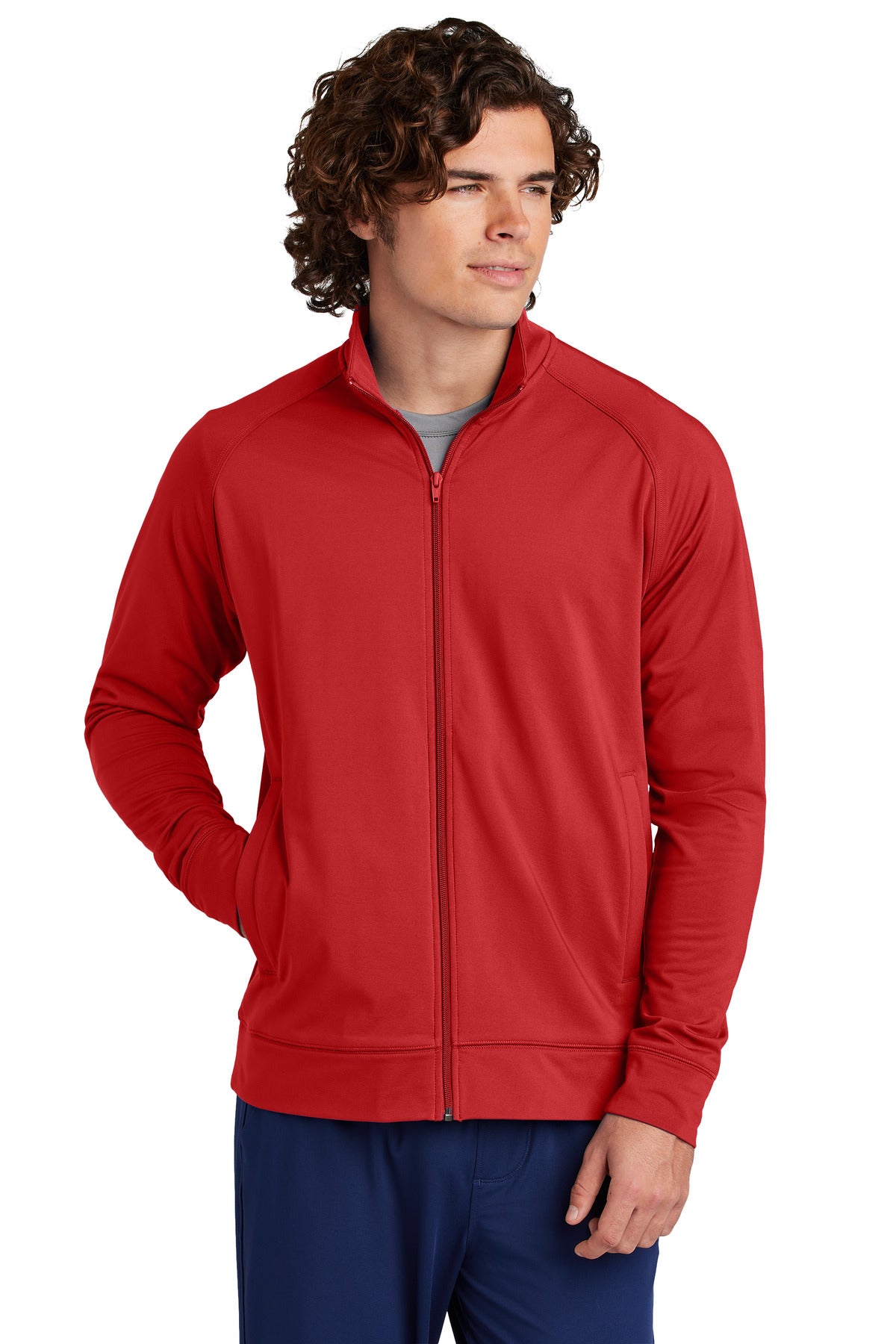 Front View of DeepRed Sport-Tek Sport-Wick Stretch Full-Zip Cadet Jacket ST857 plain
