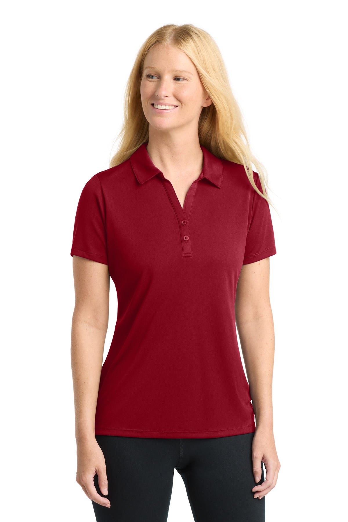 Front View of DeepRed Sport-Tek Women's PosiCharge Competitor Polo. LST550 plain