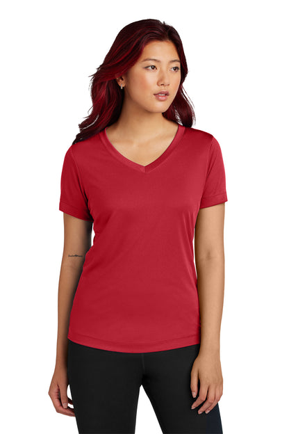 Front View of DeepRed Sport-Tek Women's PosiCharge Competitor V-Neck Tee. LST353 plain