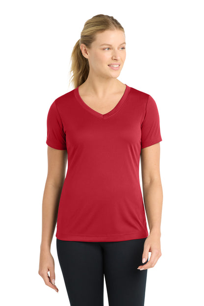 Front View of DeepRed Sport-Tek Women's PosiCharge Competitor V-Neck Tee. LST353 plain