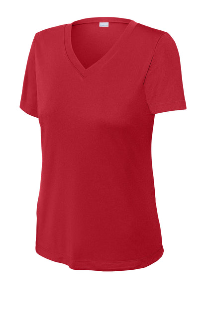 Front View of DeepRed Sport-Tek Women's PosiCharge Competitor V-Neck Tee. LST353 plain