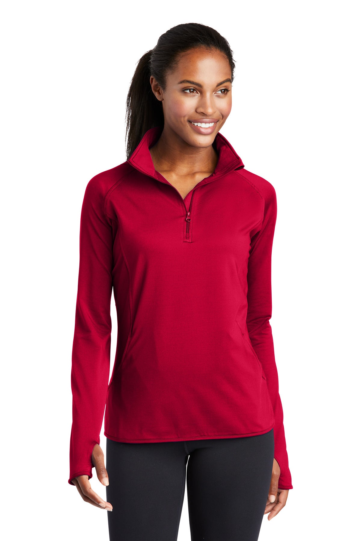 Front View of DeepRed Sport-Tek Women's Sport-Wick Stretch 1/4-Zip Pullover. LST850 plain