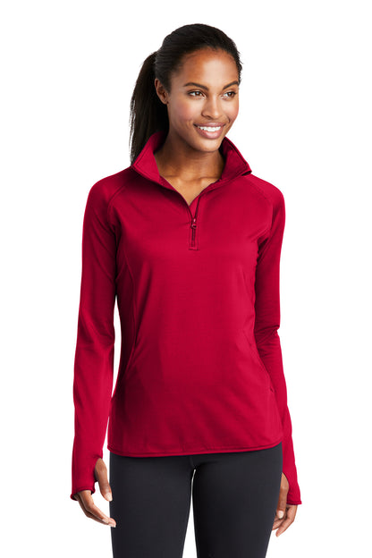 Front View of DeepRed Sport-Tek Women's Sport-Wick Stretch 1/4-Zip Pullover. LST850 plain