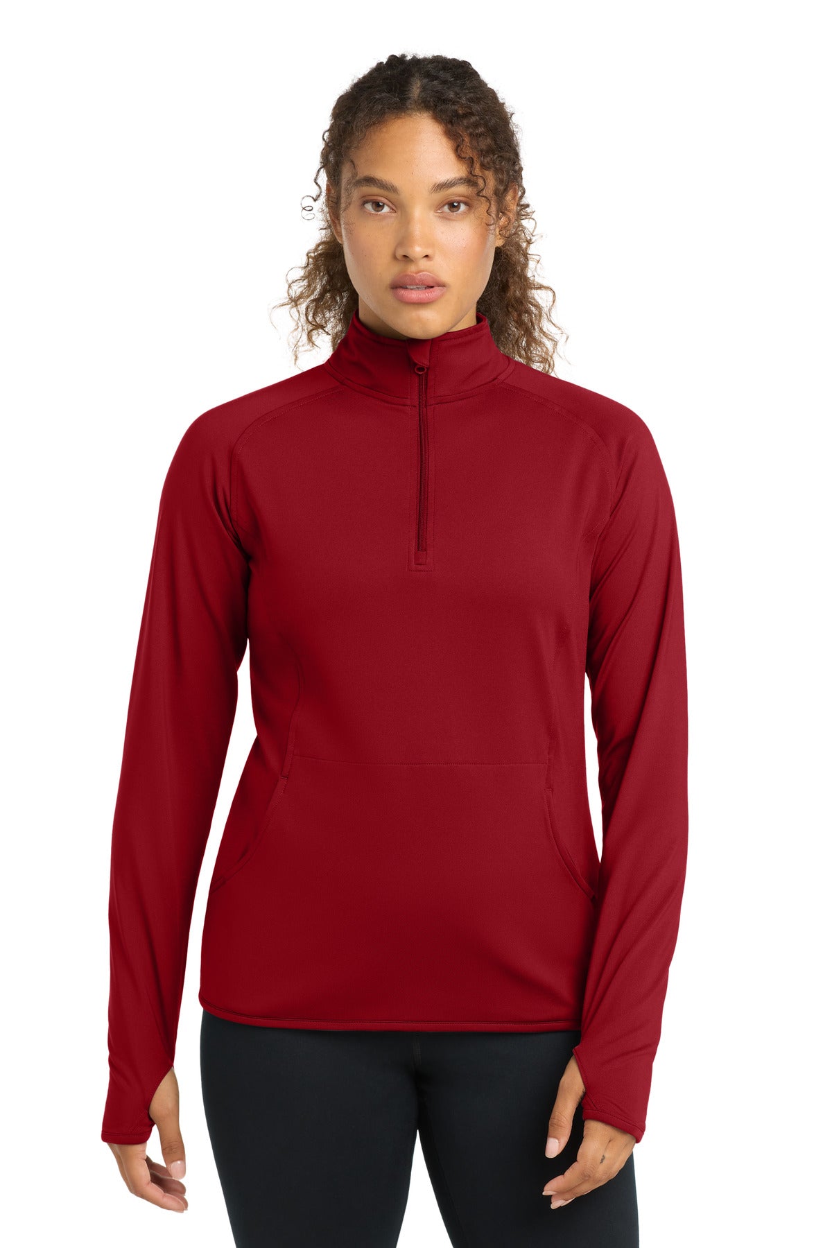 Front View of DeepRed Sport-Tek Women's Sport-Wick Stretch 1/4-Zip Pullover. LST850 plain