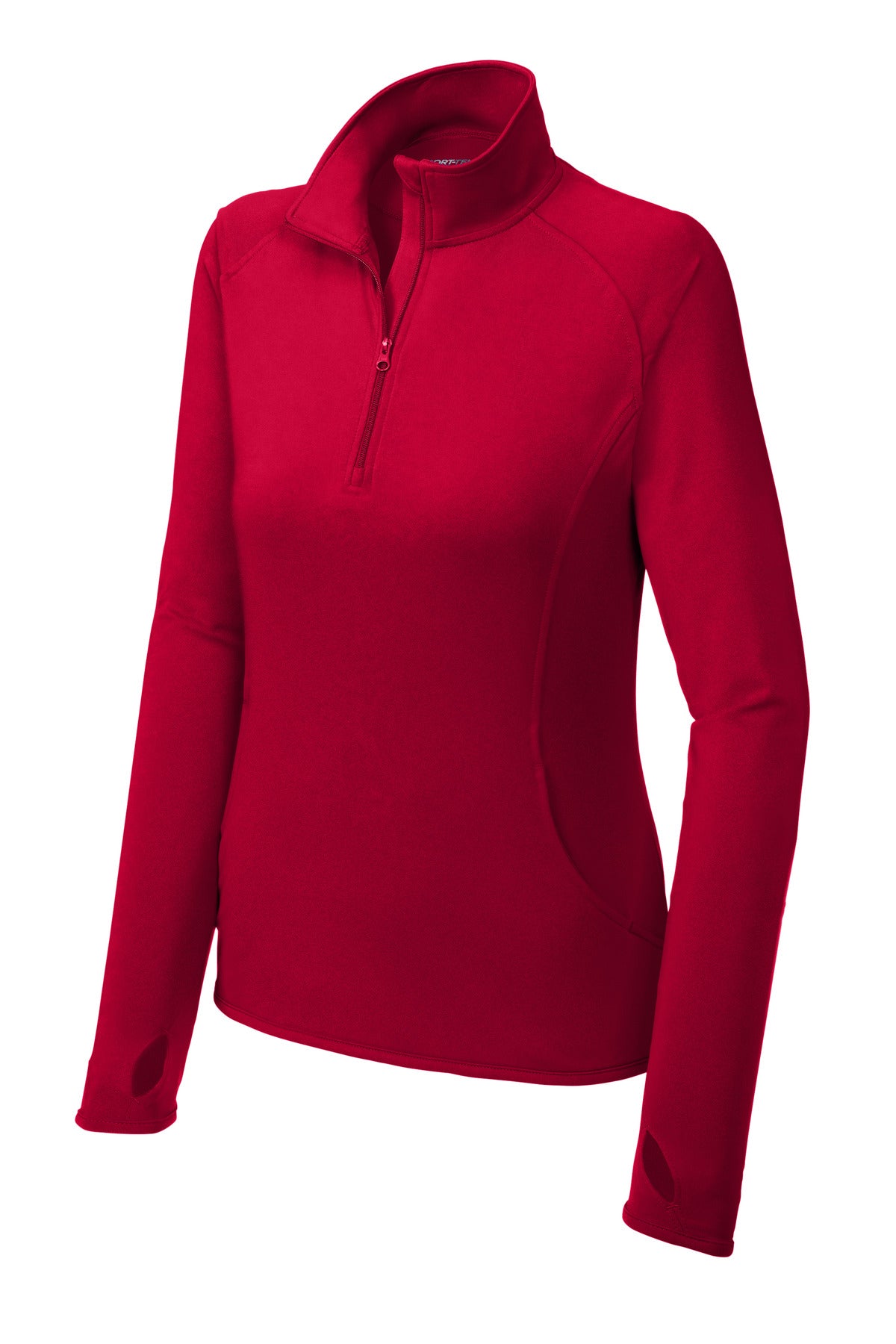 Front View of DeepRed Sport-Tek Women's Sport-Wick Stretch 1/4-Zip Pullover. LST850 plain