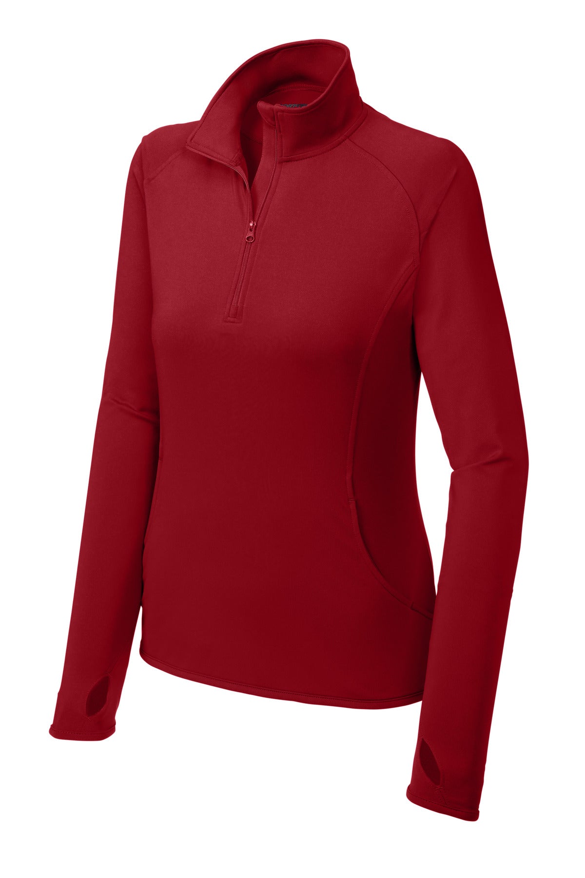 Front View of DeepRed Sport-Tek Women's Sport-Wick Stretch 1/4-Zip Pullover. LST850 plain