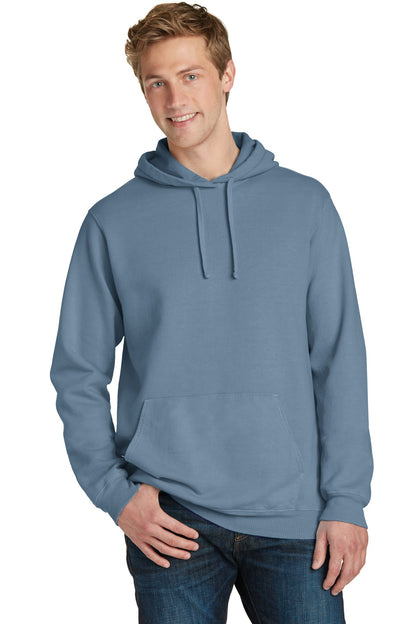 Front View of Denim Blue Port & Co Beach Wash Garment-Dyed Pullover Hooded Sweatshirt. PC098H plain