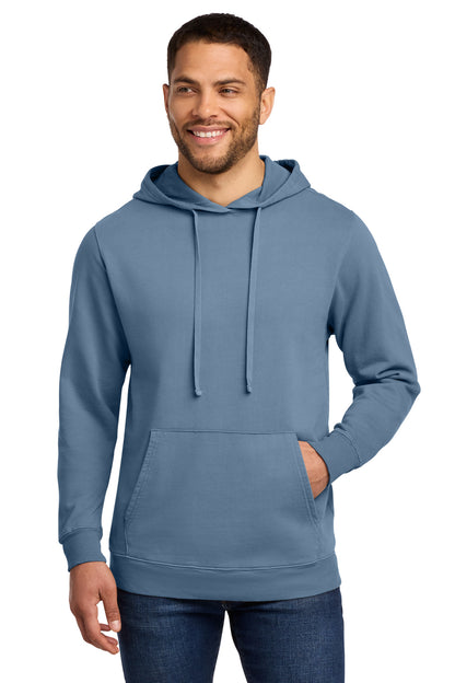 Front View of Denim Blue Port & Co Beach Wash Garment-Dyed Pullover Hooded Sweatshirt. PC098H plain
