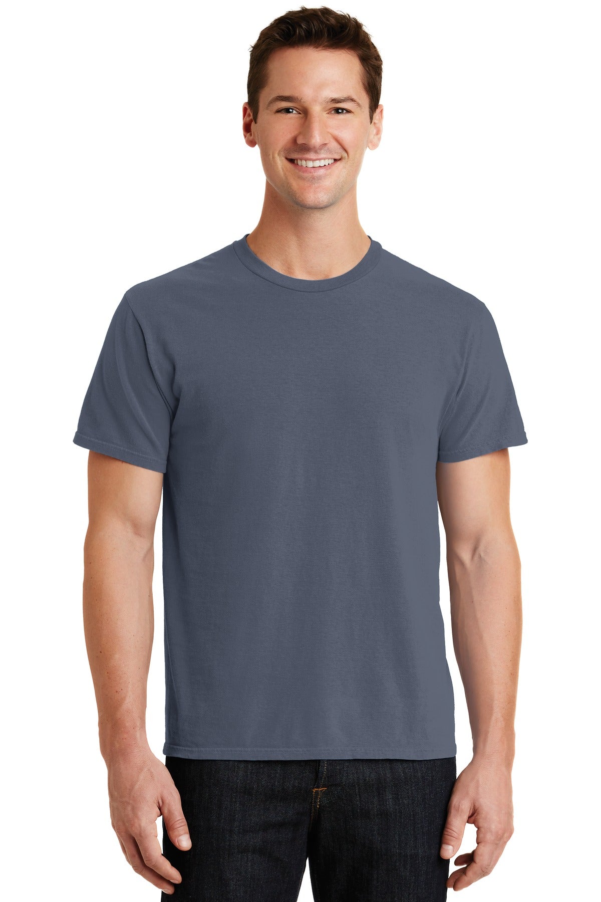 Front View of Denim Blue Port & Co Beach Wash Garment-Dyed Tee. PC099 plain