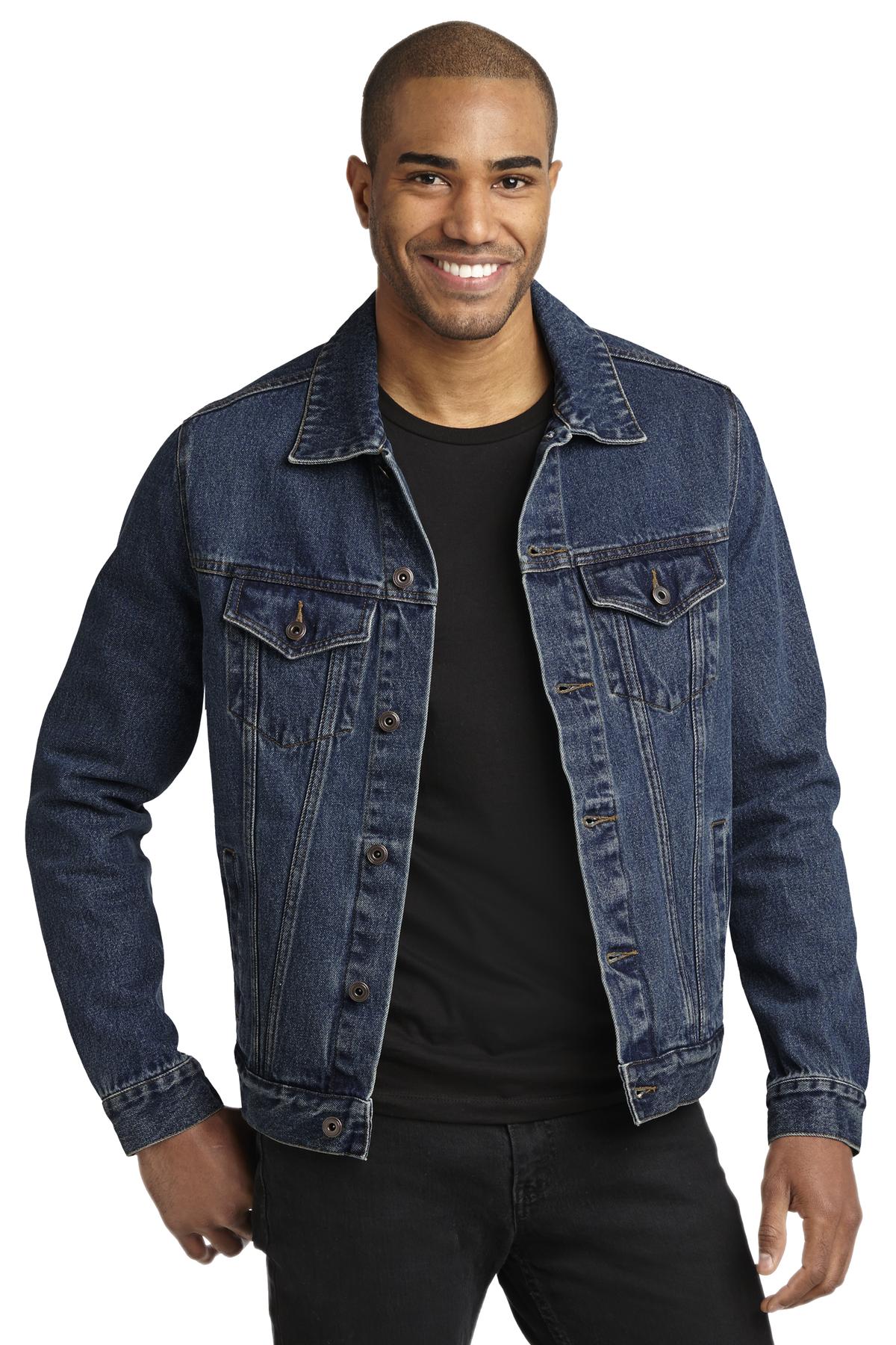 Front View of Denim Port Authority Denim Jacket. J7620 plain