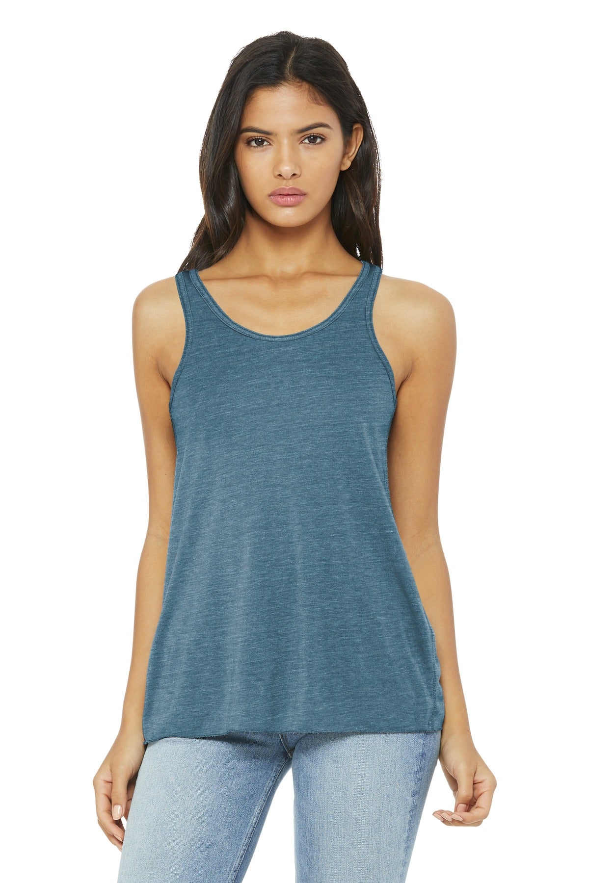 Front View of Denim Slub BELLA+CANVAS Women's Flowy Racerback Tank. BC8800 plain