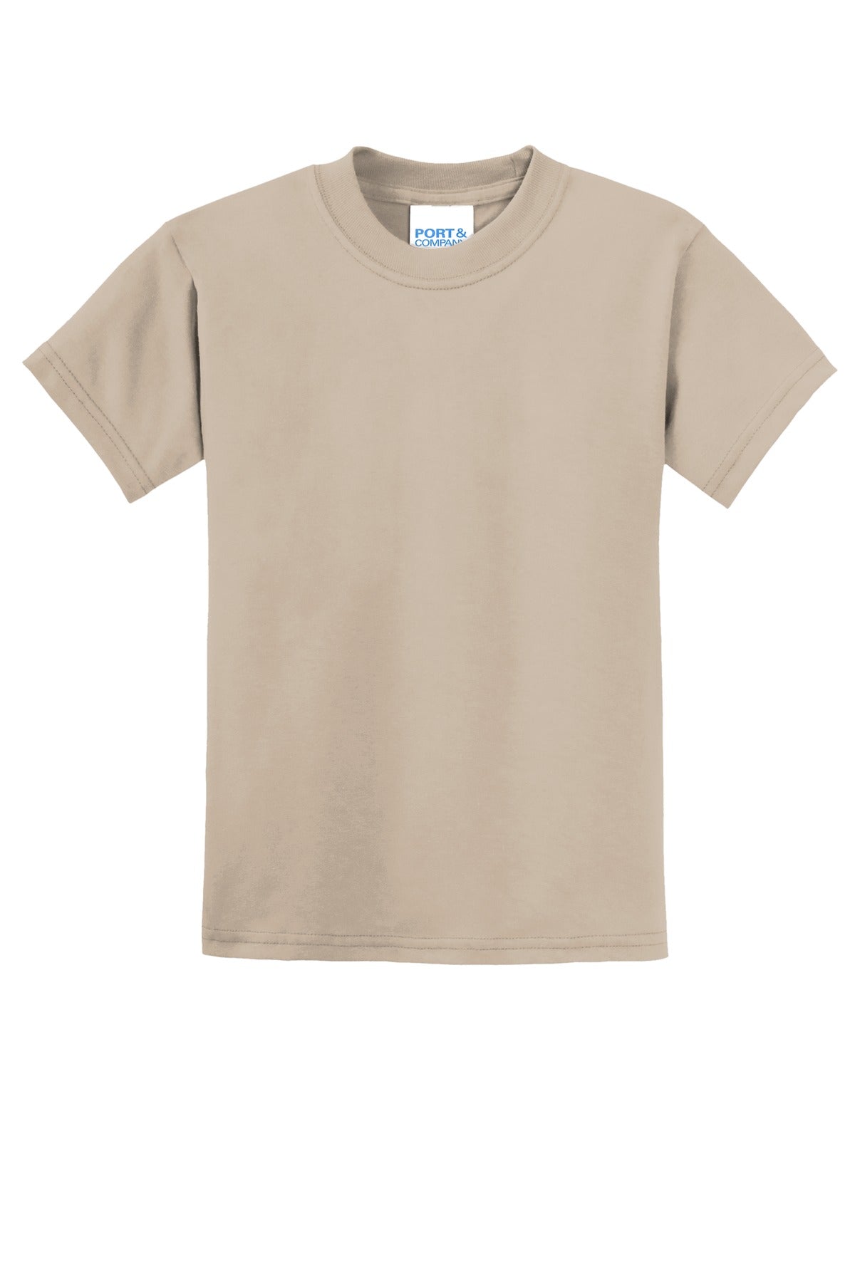Front View of Desert Sand Port & Co Youth Core Blend Tee. PC55Y plain