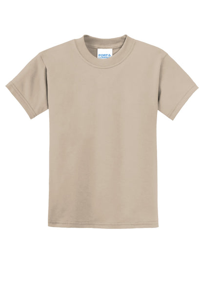 Front View of Desert Sand Port & Co Youth Core Blend Tee. PC55Y plain
