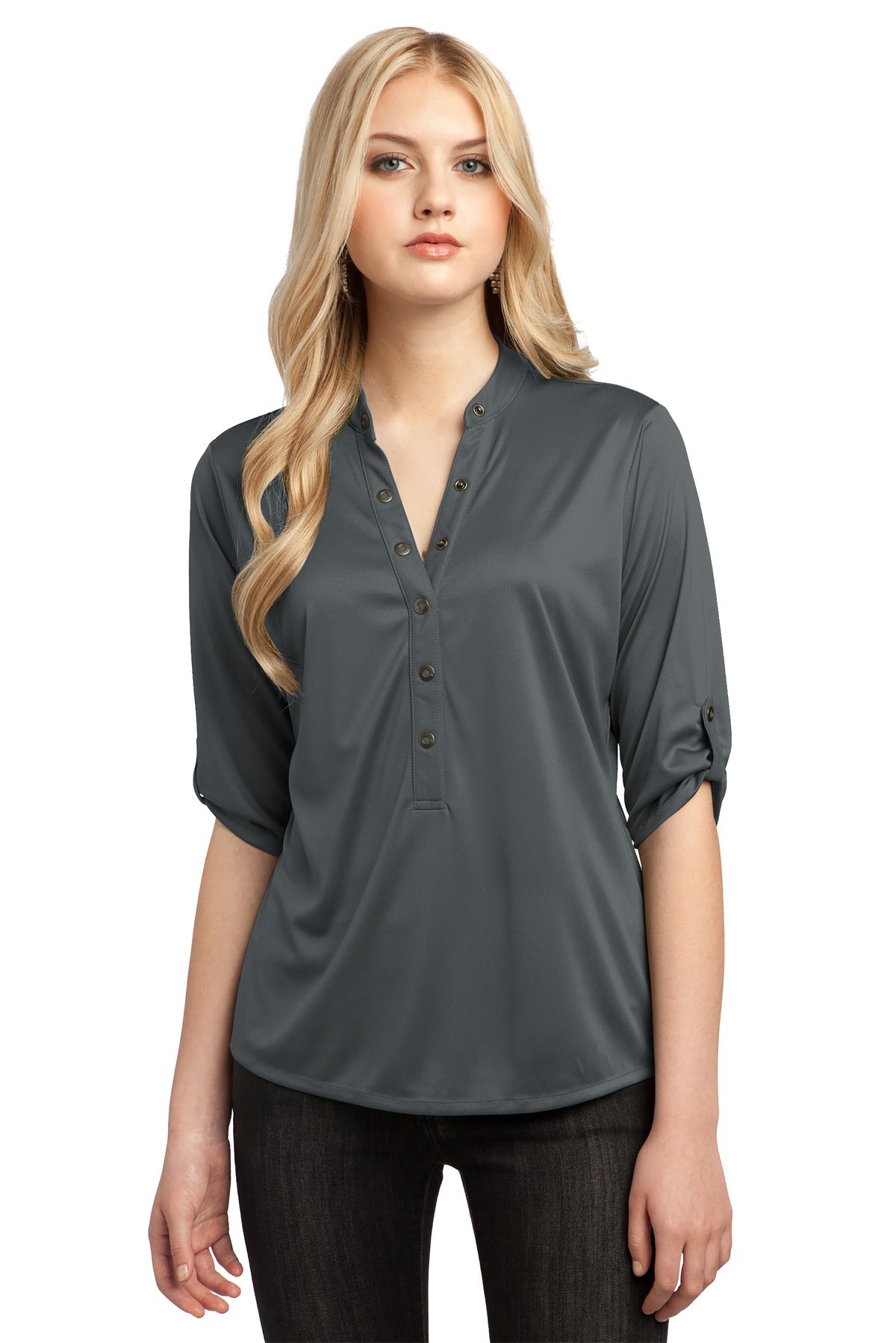 Front View of Diesel Grey OGIO - Crush Henley. LOG111 plain