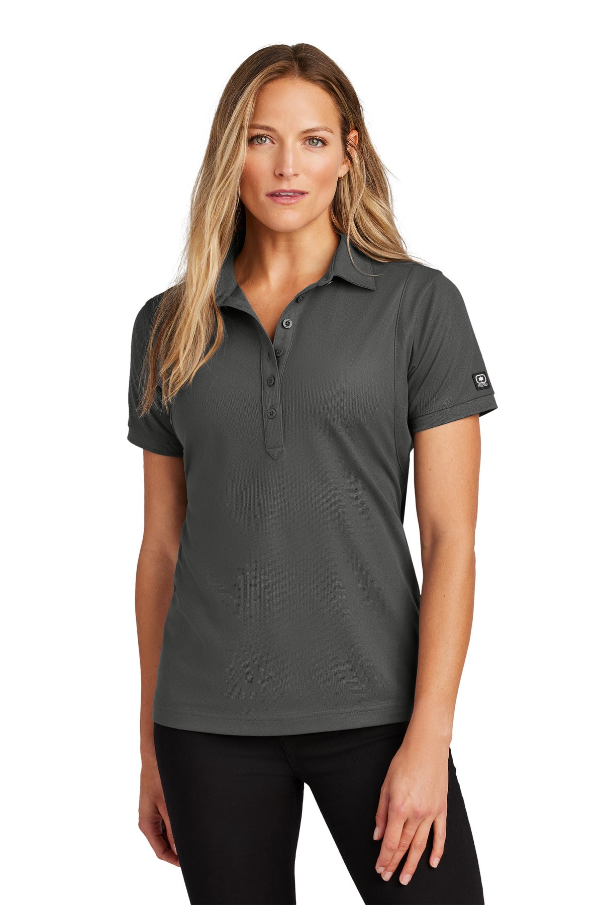 Front View of DieselGrey OGIO - Jewel Polo. LOG101 plain