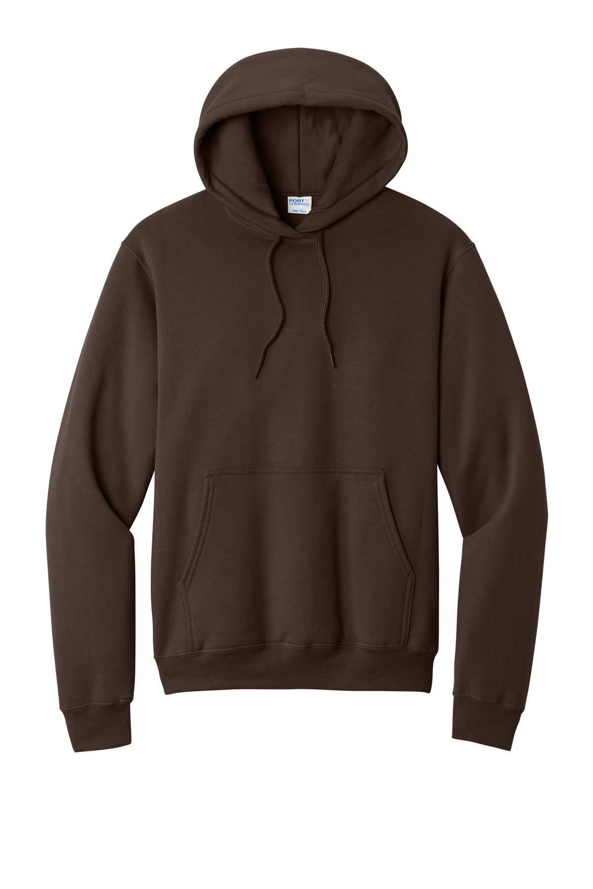 Front View of Dk Choc Brown Port & Co Core Fleece Pullover Hooded Sweatshirt. PC78H plain