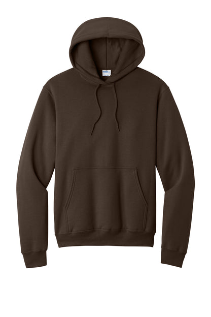 Front View of Dk Choc Brown Port & Co Core Fleece Pullover Hooded Sweatshirt. PC78H plain