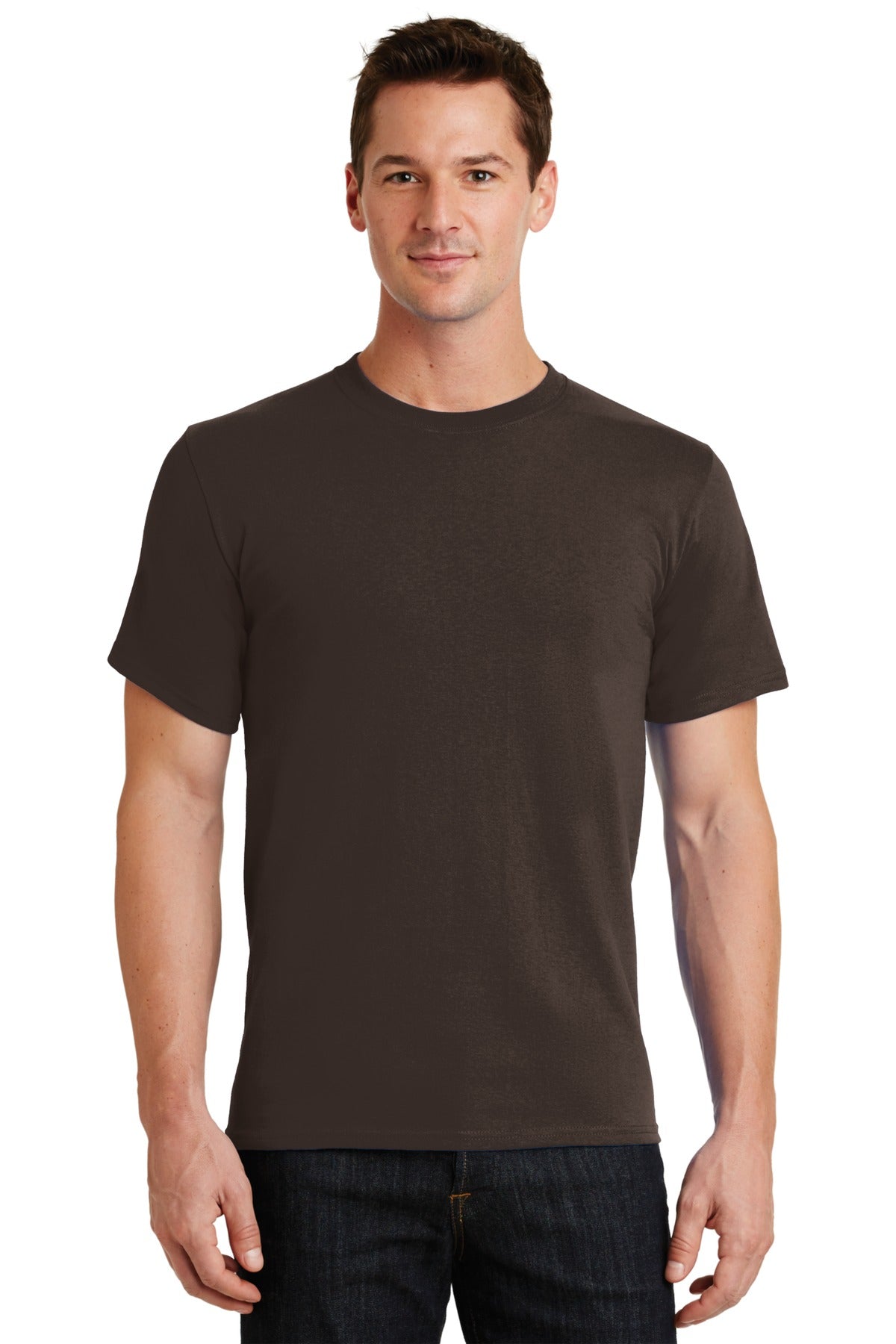 Front View of Dk Choc. Brown Port & Co Essential Tee. PC61 plain