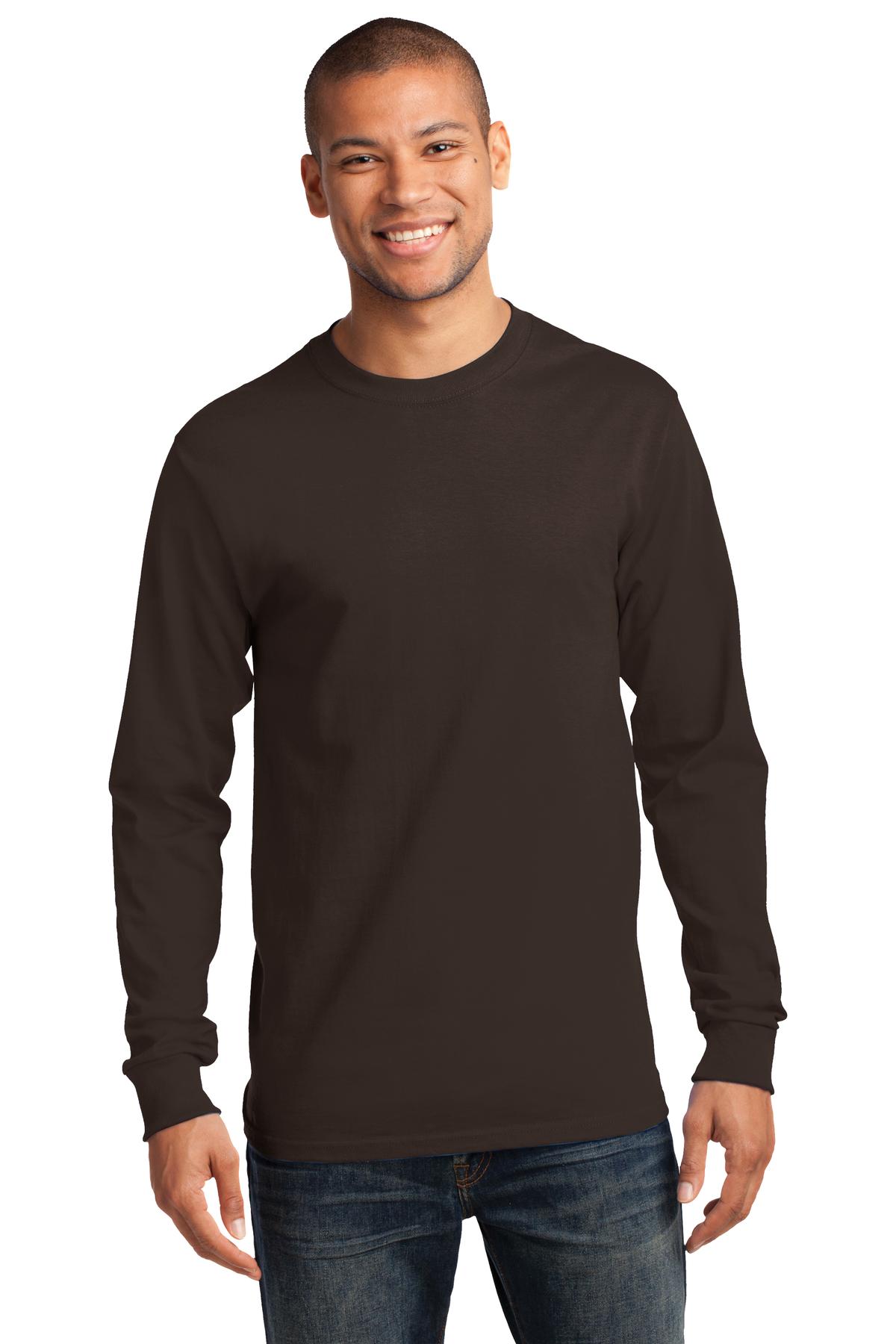 Front View of Dk Choc Brown Port & Co Long Sleeve Essential Tee. PC61LS plain