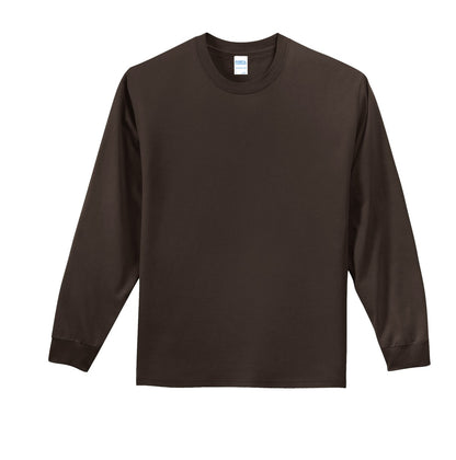Front View of Dk Choc Brown Port & Co Long Sleeve Essential Tee. PC61LS plain