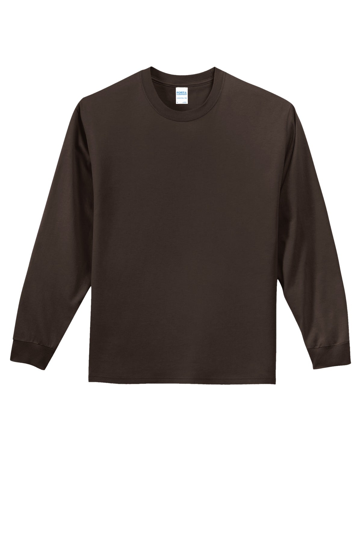Front View of Dk Choc Brown Port & Co Long Sleeve Essential Tee. PC61LS plain