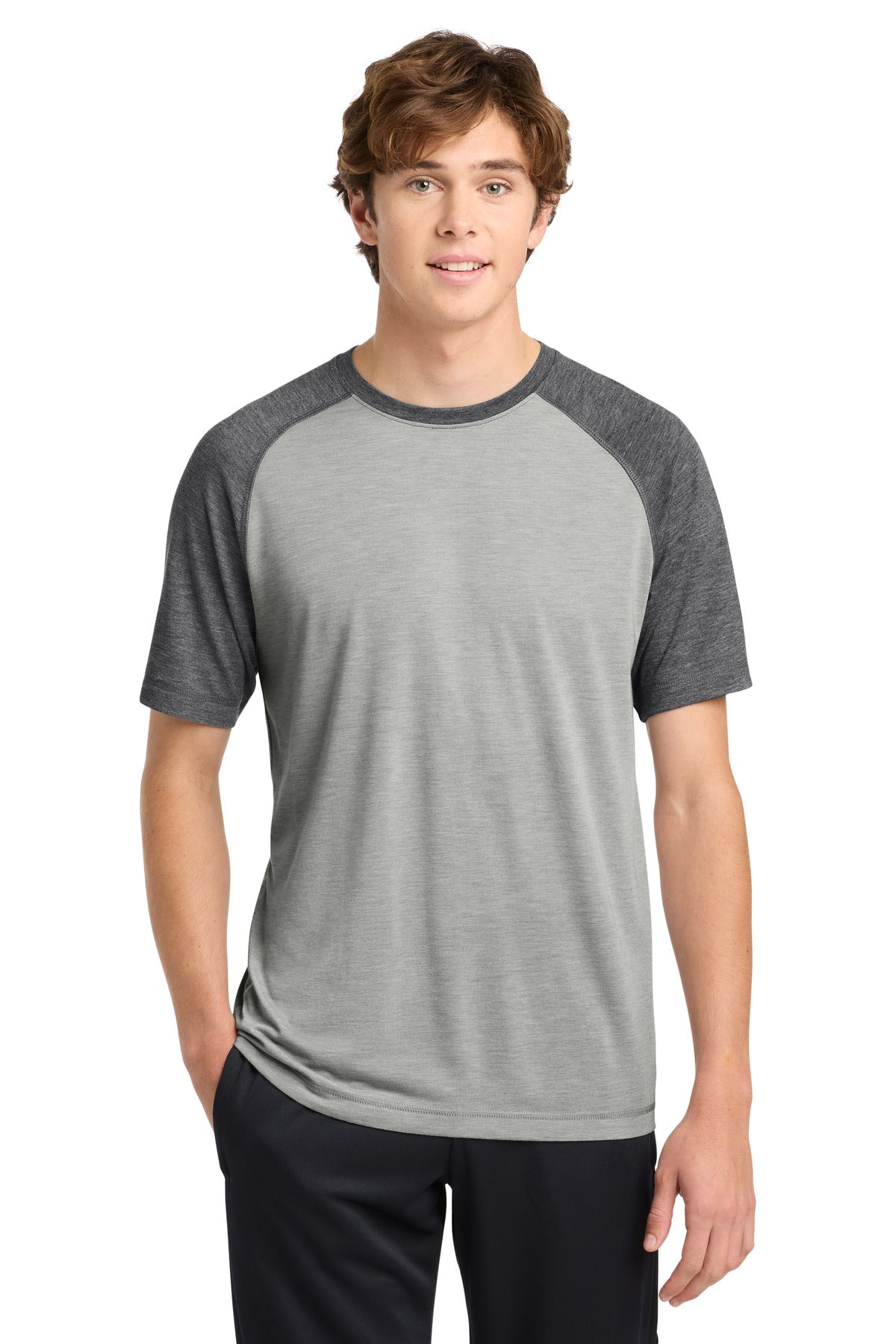 Front View of Dk Gry He/LGH Sport-Tek PosiCharge Tri-Blend Wicking Raglan Tee. ST400 plain