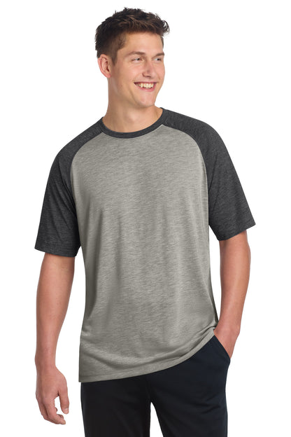 Front View of Dk Gry He/LGH Sport-Tek PosiCharge Tri-Blend Wicking Raglan Tee. ST400 plain