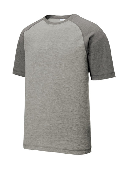 Front View of Dk Gry He/LGH Sport-Tek PosiCharge Tri-Blend Wicking Raglan Tee. ST400 plain