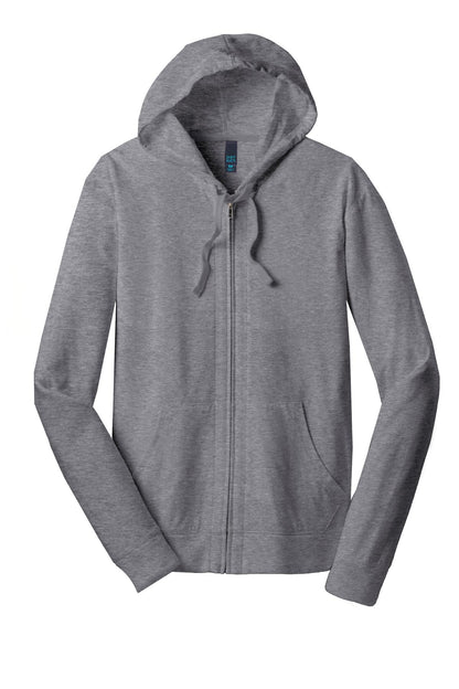 Front View of Dk Hthr Grey District Jersey Full-Zip Hoodie. DT1100 plain