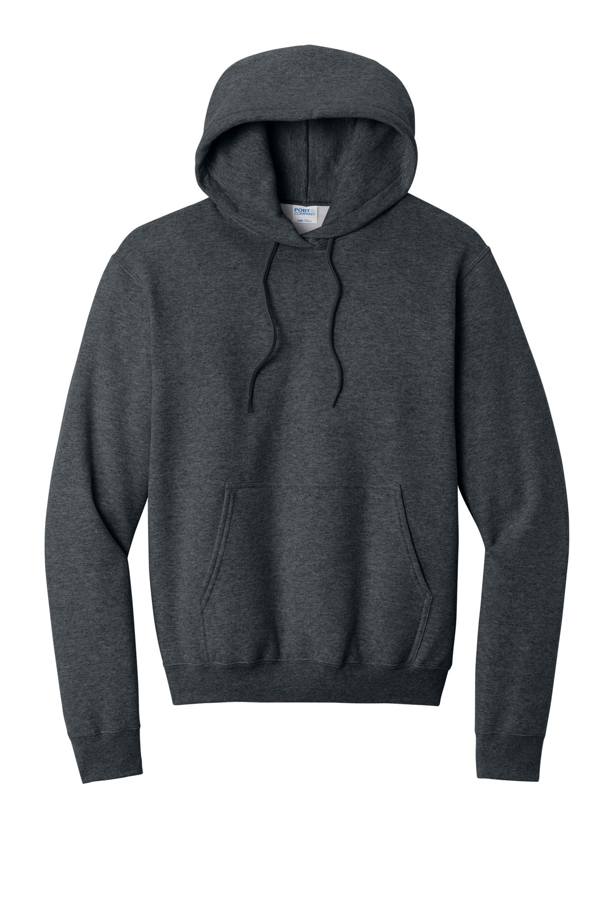 Front View of Dk Hthr Grey Port & Co Core Fleece Pullover Hooded Sweatshirt. PC78H plain