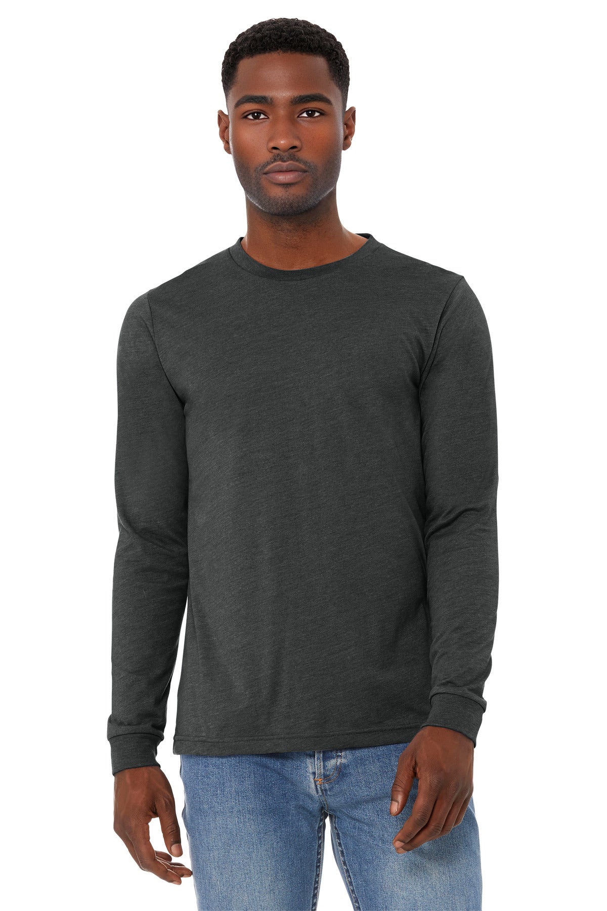 Front View of DkGyHthr BELLA+CANVAS Unisex Heather CVC Long Sleeve Tee BC3501CVC plain