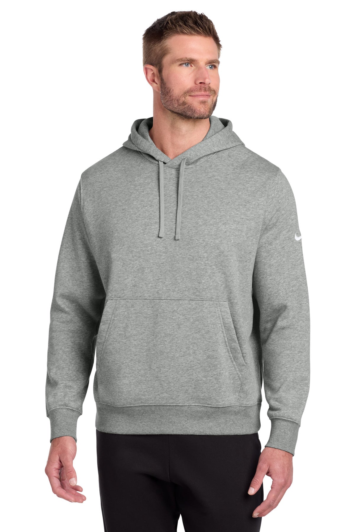 Front View of DkGyHthr Nike Club Fleece Sleeve Swoosh Pullover Hoodie NKDR1499 plain