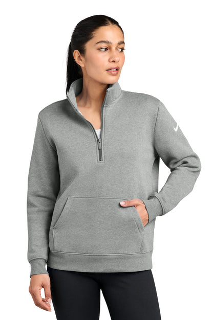 Front View of DkGyHthr Nike Women's Club Fleece Sleeve Swoosh 1/2-Zip NKDX6720 plain